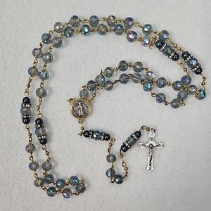 Blue Iridescent Glass Bead Rosary Necklace - Unbranded
